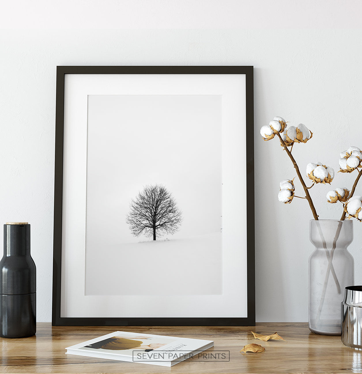 Tree On Snowy Field Black And White Photo Art