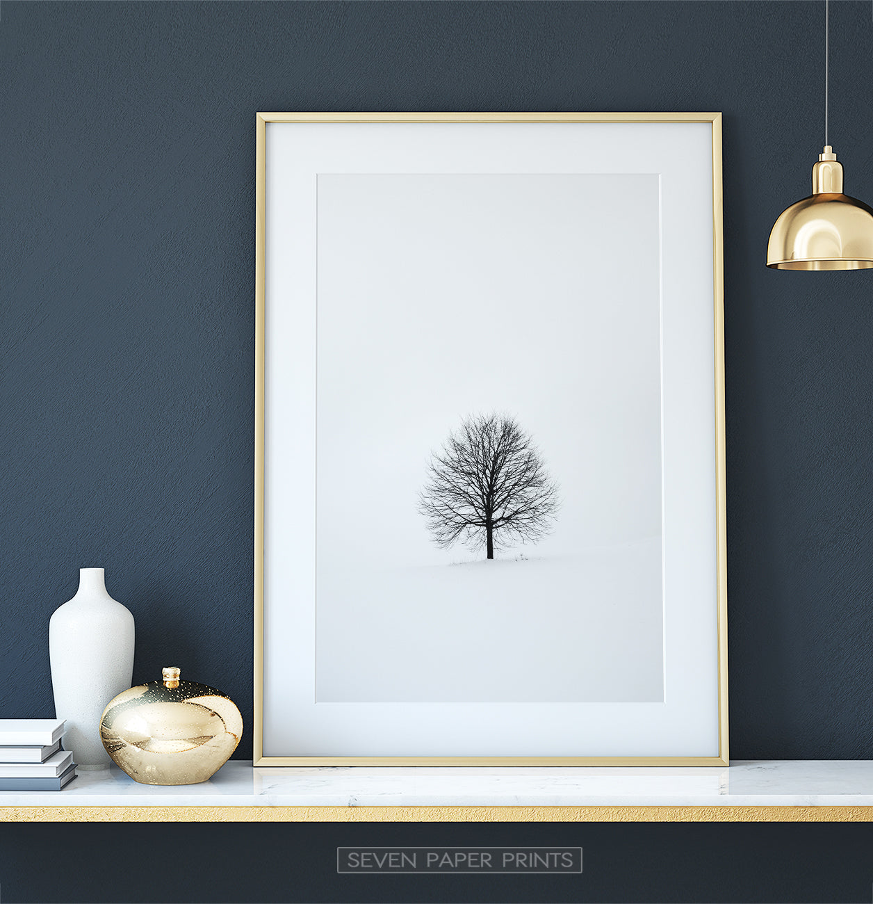 Tree On Snowy Field Black And White Photo Art