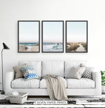 Load image into Gallery viewer, Beach Path and Surfer on Waves. 3 Piece Framed Wall Art
