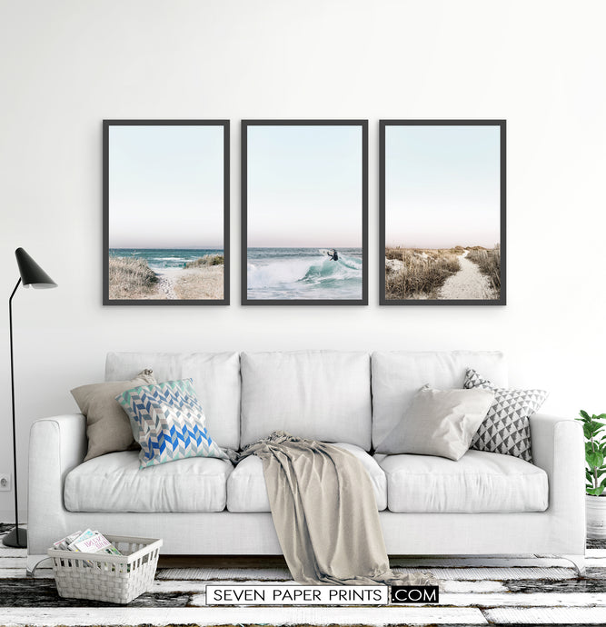Beach Path and Surfer on Waves. 3 Piece Framed Wall Art