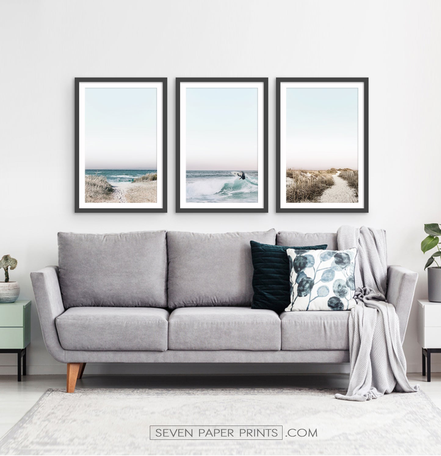 Beach Path, Ocean, Surfer on Waves. Framed Art