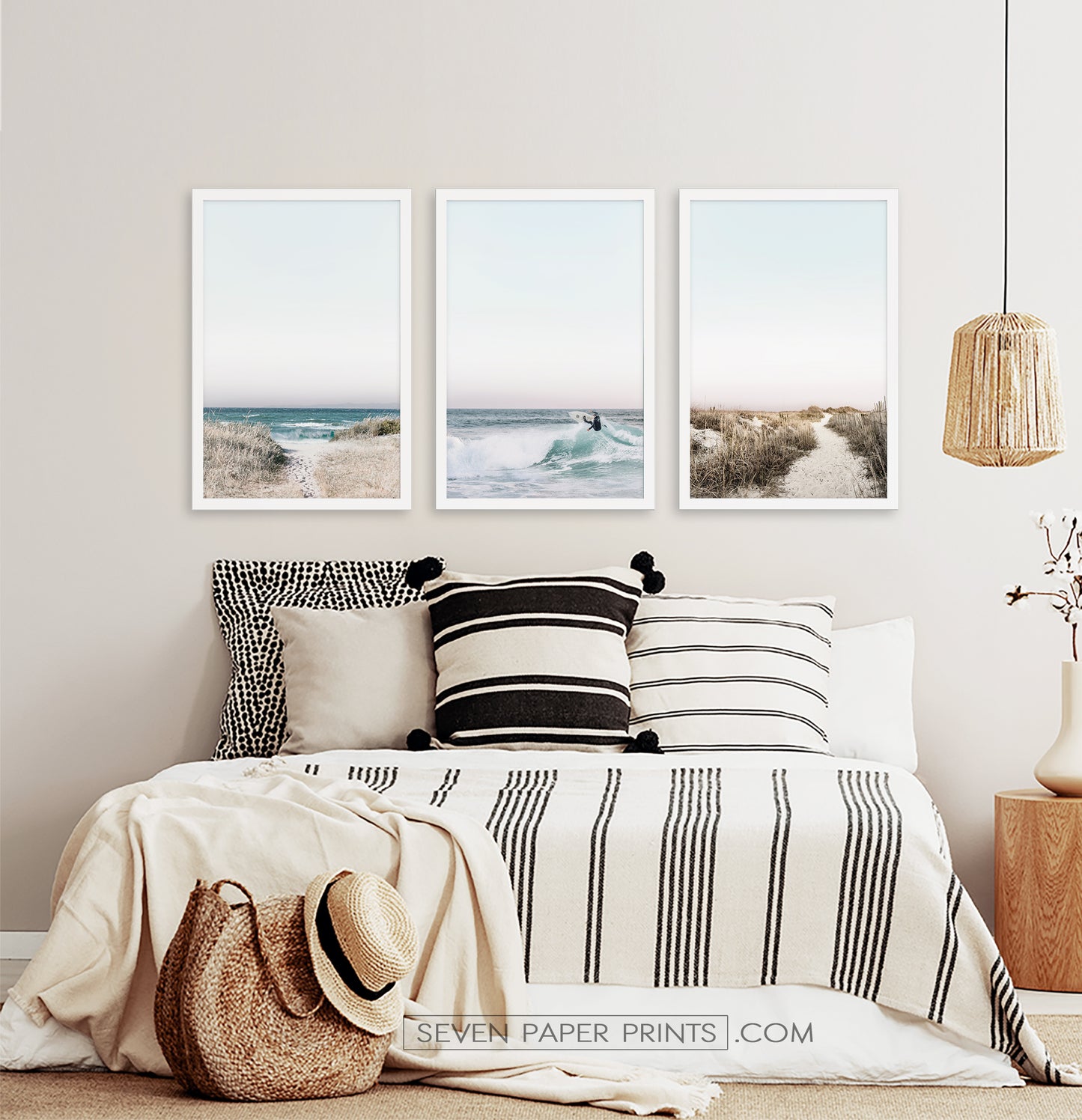 Beach Path, Ocean, Surfer on Waves. Framed Art