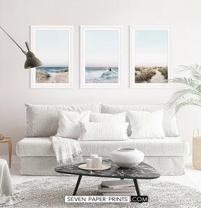 Beach Path, Ocean, Surfer on Waves. Framed Art