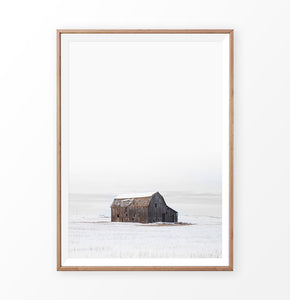 Barn on Snowy Field Vertical Photo Poster