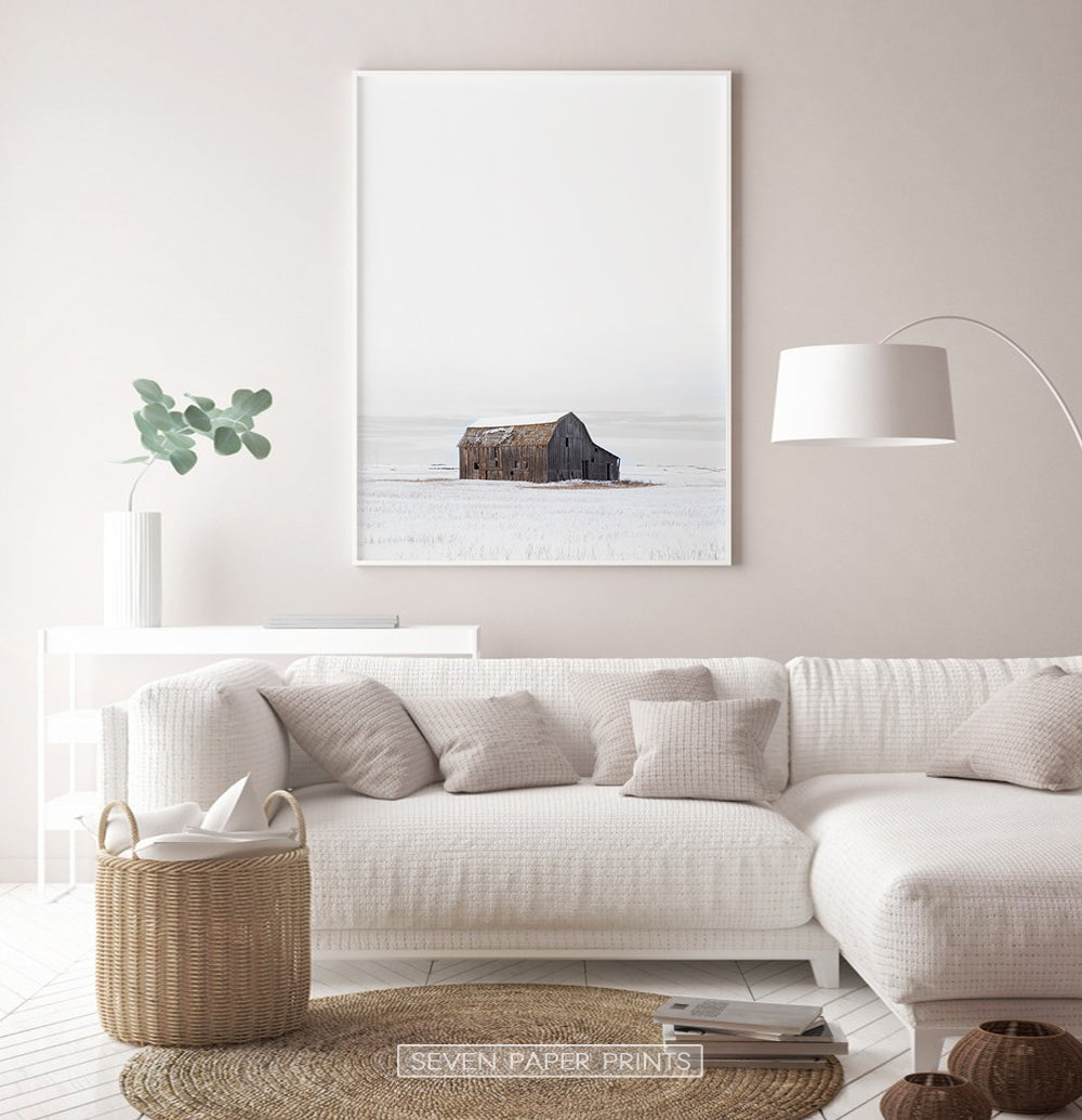 Barn on Snowy Field Vertical Photo Poster