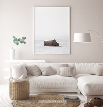 Barn on Snowy Field Vertical Photo Poster