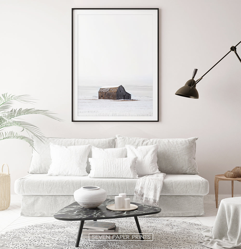Barn on Snowy Field Vertical Photo Poster