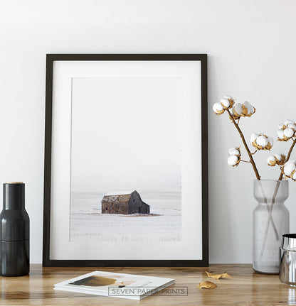 Barn on Snowy Field Vertical Photo Poster