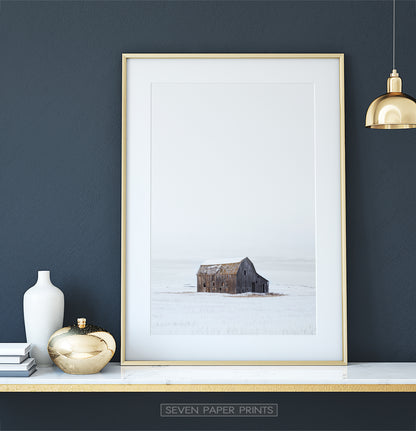Barn on Snowy Field Vertical Photo Poster