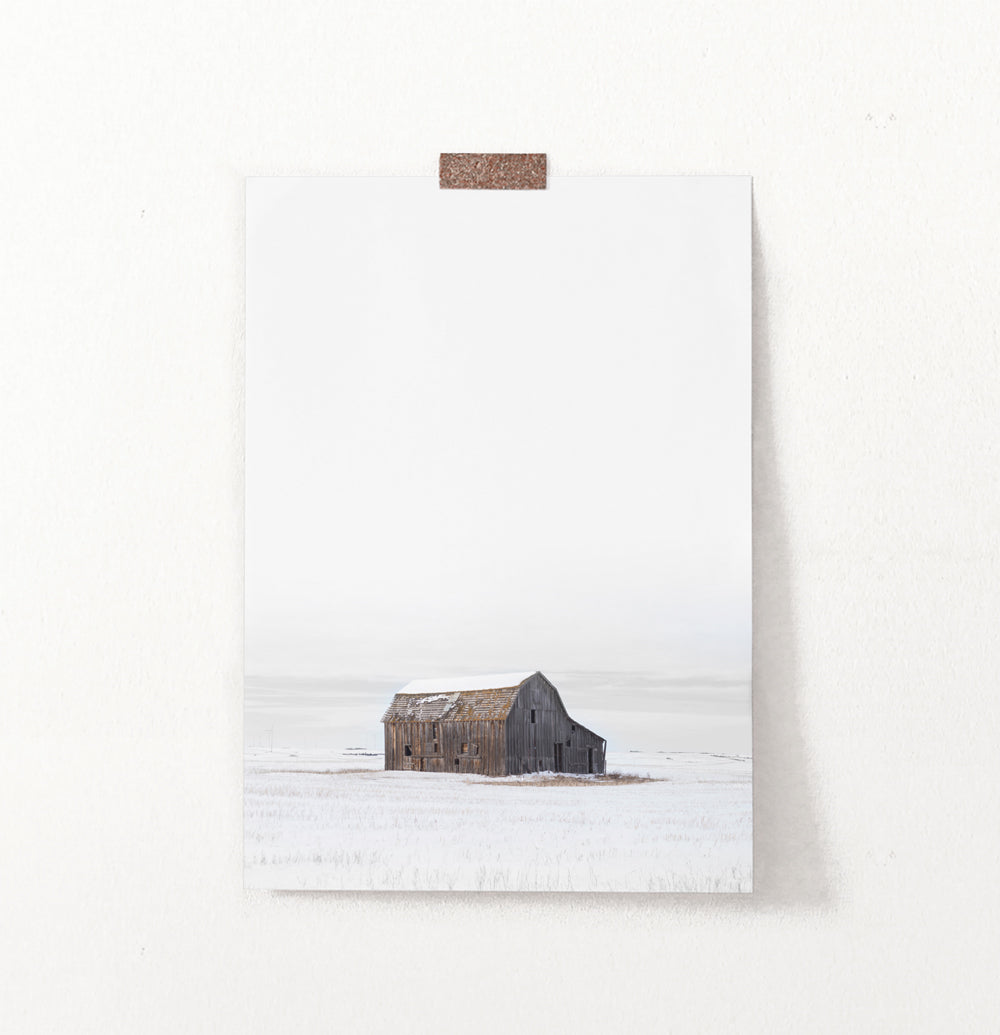 Barn on Snowy Field Vertical Photo Poster