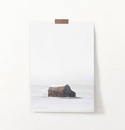 Barn on Snowy Field Vertical Photo Poster