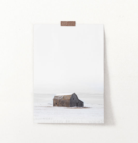 Barn on Snowy Field Vertical Photo Poster