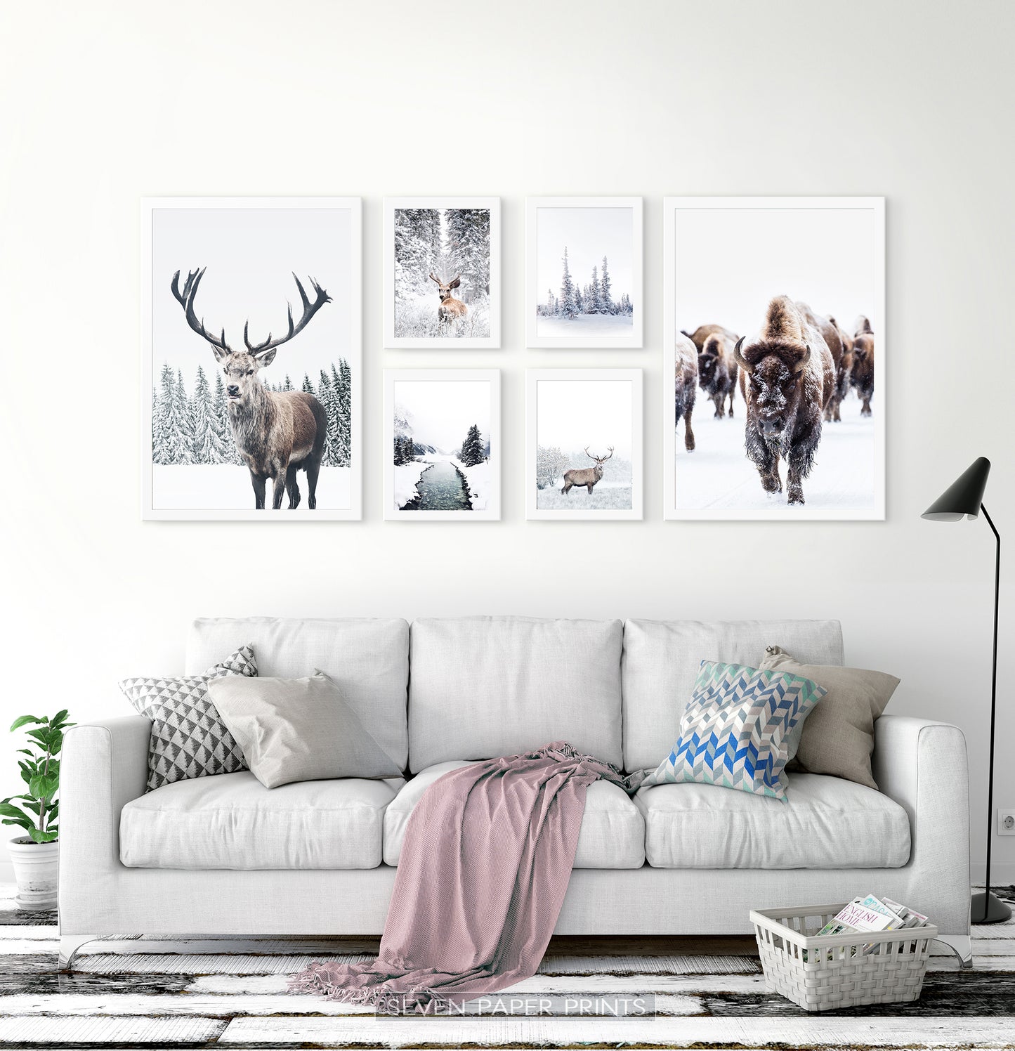 Set of 6 Framed Winter Prints with Animals and Snowy Nature