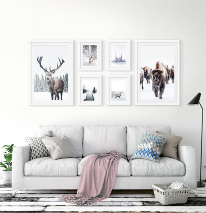 Set of 6 Framed Winter Prints with Animals and Snowy Nature