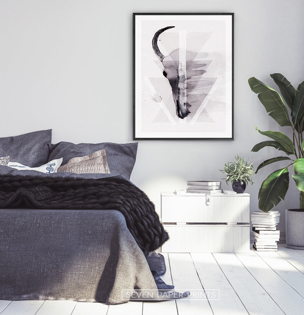 A Half of a Bull Skull On Triangles Watercolor Wall Art Print