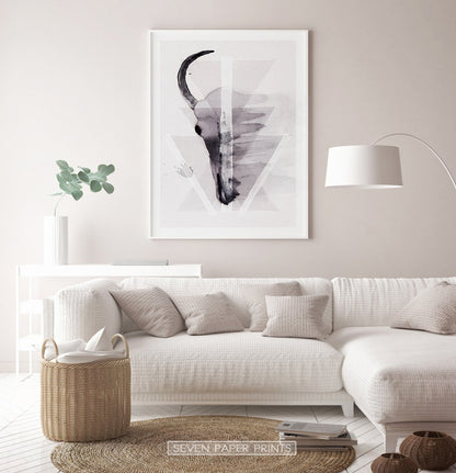 A Half of a Bull Skull On Triangles Watercolor Wall Art Print