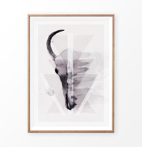 A Half of a Bull Skull On Triangles Watercolor Wall Art Print