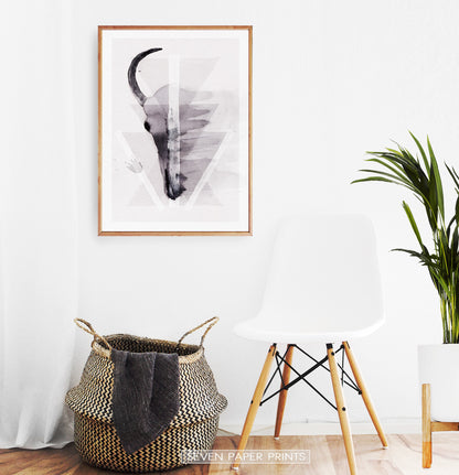 A Half of a Bull Skull On Triangles Watercolor Wall Art Print
