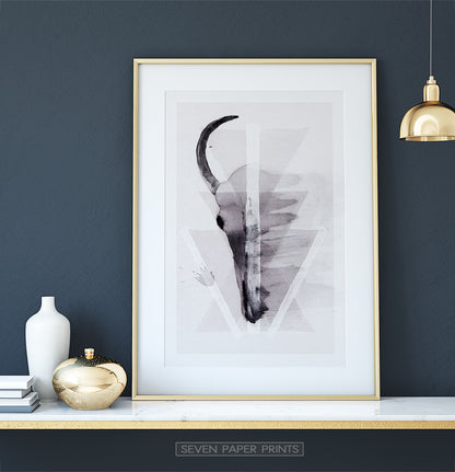A Half of a Bull Skull On Triangles Watercolor Wall Art Print