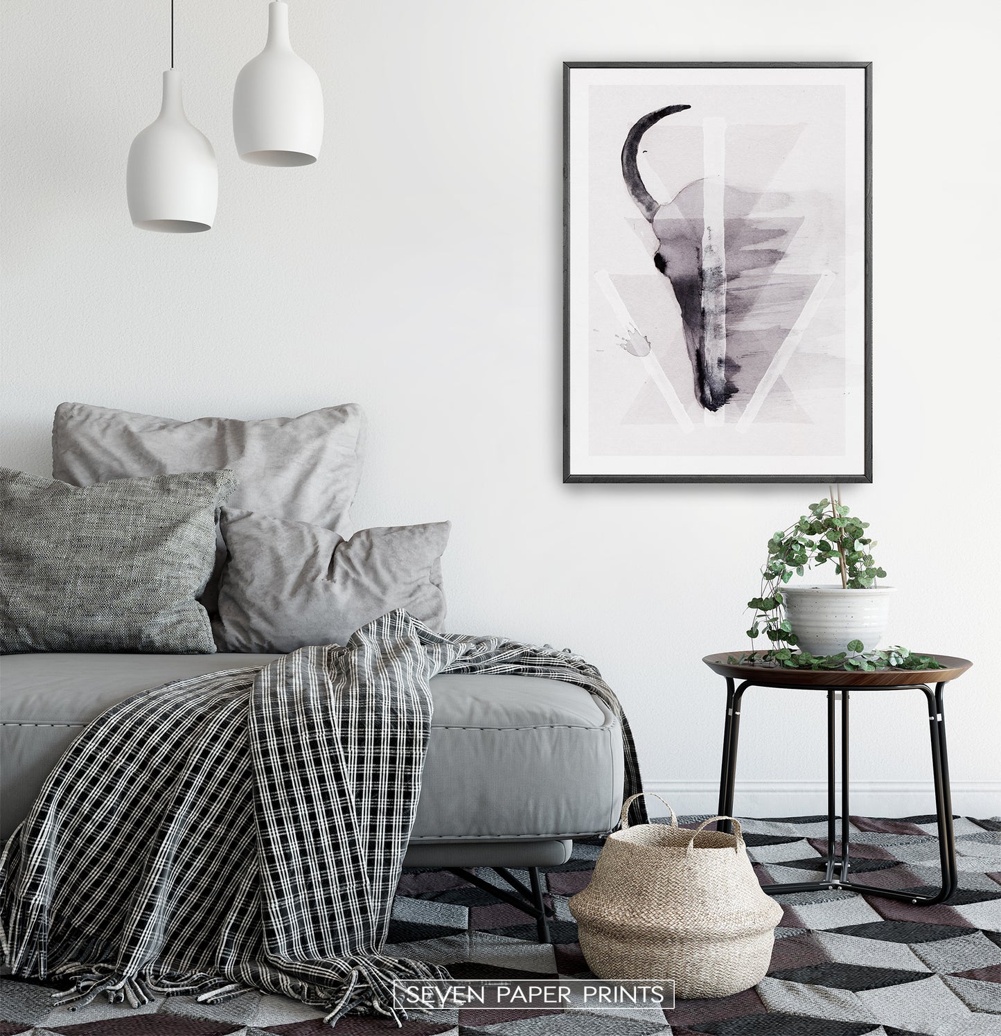 A Half of a Bull Skull On Triangles Watercolor Wall Art Print