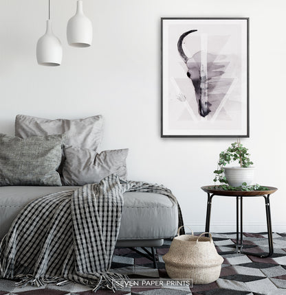 A Half of a Bull Skull On Triangles Watercolor Wall Art Print