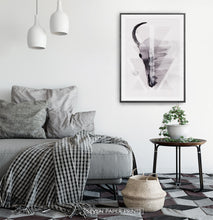 Load image into Gallery viewer, A Half of a Bull Skull On Triangles Watercolor Wall Art Print
