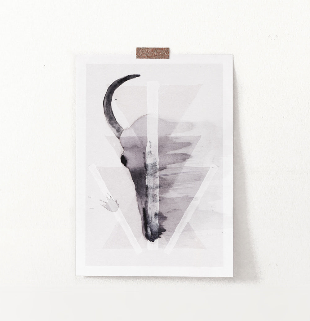 A Half of a Bull Skull On Triangles Watercolor Wall Art Print