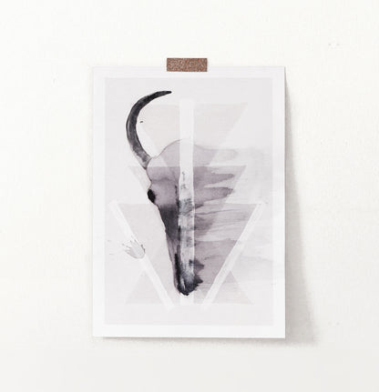A Half of a Bull Skull On Triangles Watercolor Wall Art Print