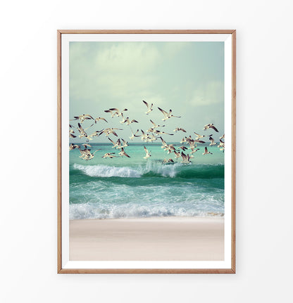Flying Seagulls Coastal Print with Green Water Waves