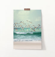 Flying Seagulls Coastal Print with Green Water Waves