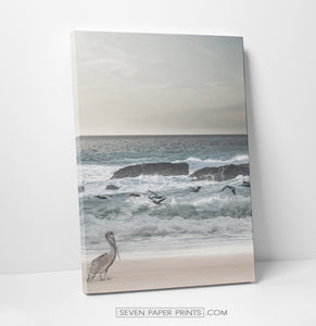 A stretched canvas of an ocean shore with a pelican and seagulls