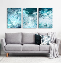 Load image into Gallery viewer, Three stretched canvases of white sea waves and foam on dark blue ocean
