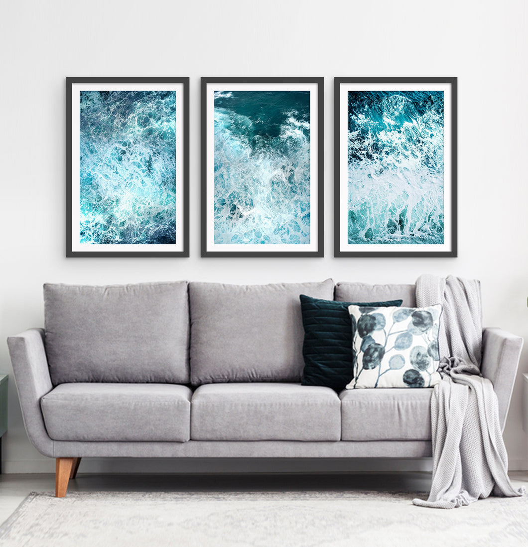 Three detailed arial ocean waves photos in dark frames
