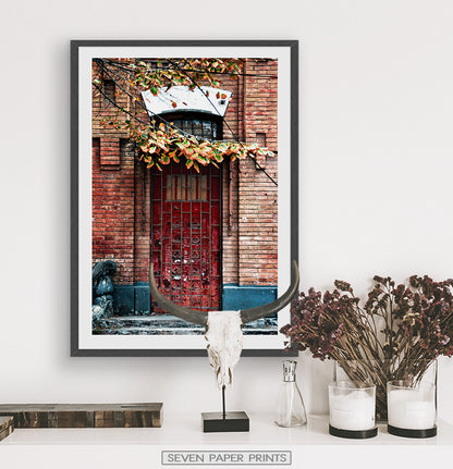 Grunge Red Barred Door In Brick Wall Photography Art