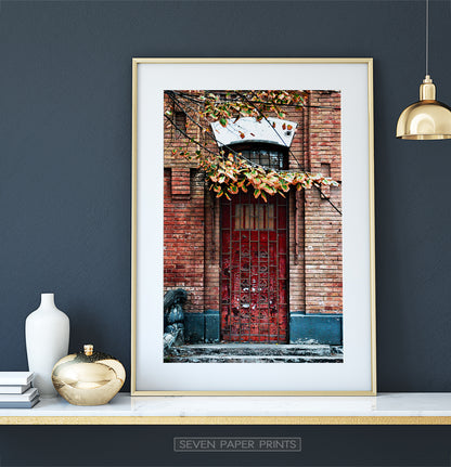 Grunge Red Barred Door In Brick Wall Photography Art