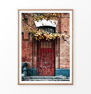 Grunge Red Barred Door In Brick Wall Photography Art