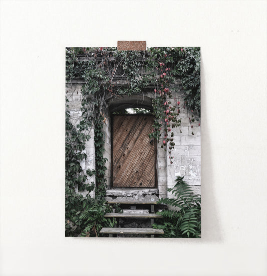 French Village Garden Door Gray Brick Wall Photo Art