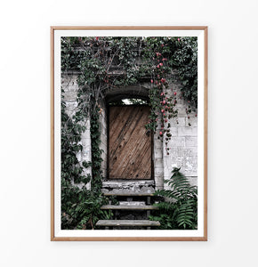 French Village Garden Door Gray Brick Wall Photo Art