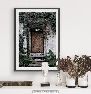 French Village Garden Door Gray Brick Wall Photo Art