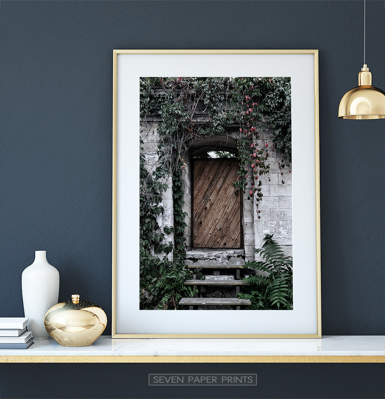 French Village Garden Door Gray Brick Wall Photo Art