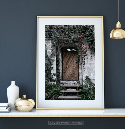 French Village Garden Door Gray Brick Wall Photo Art