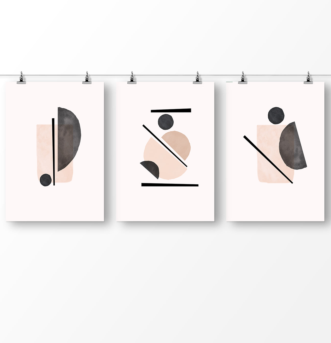 Beige Wall Set of Scandinavian Prints, Powder Color Abstract