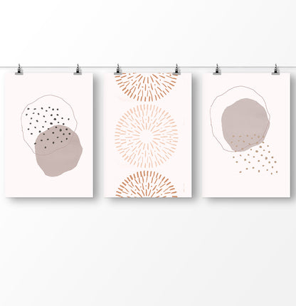 Mid Century Line Art Set of 3, Brown Pink Abstract Wall Art Set