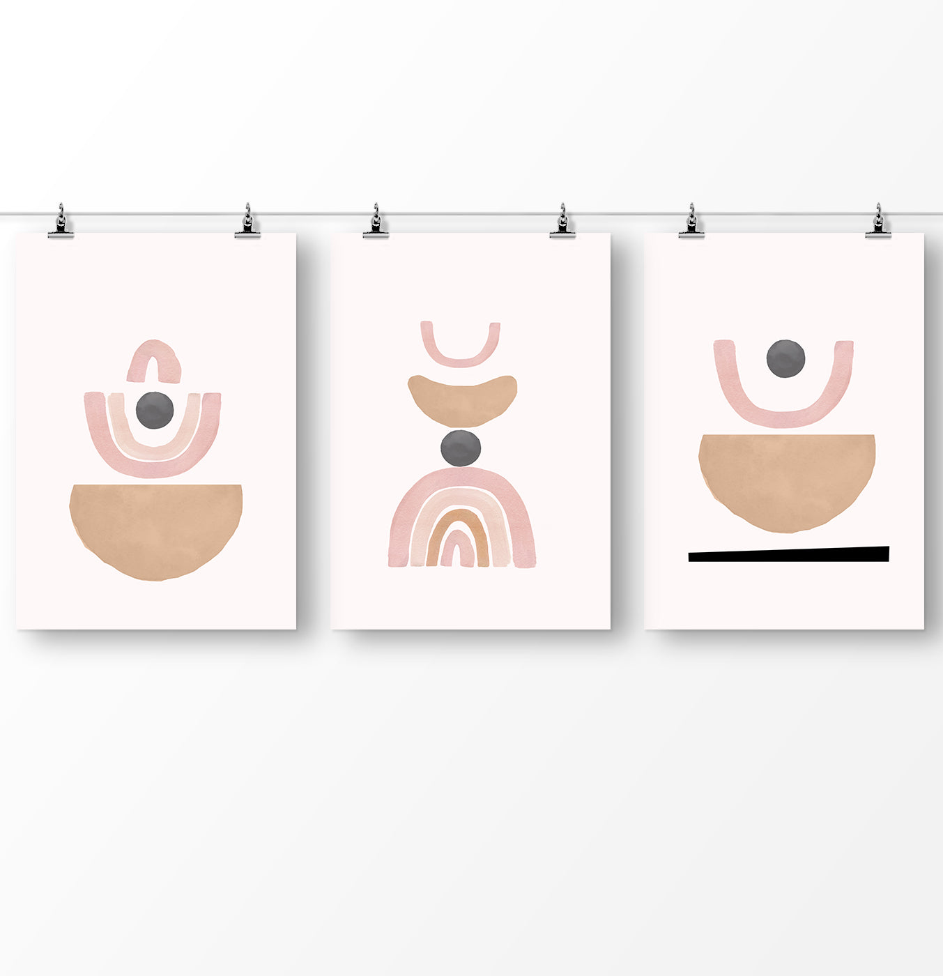 Terracotta Color Abstract Set of 3 Prints, Neutral Color Geometric Wall Art Set