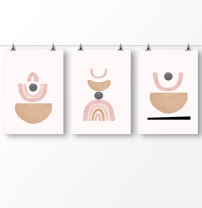 Terracotta Color Abstract Set of 3 Prints, Neutral Color Geometric Wall Art Set