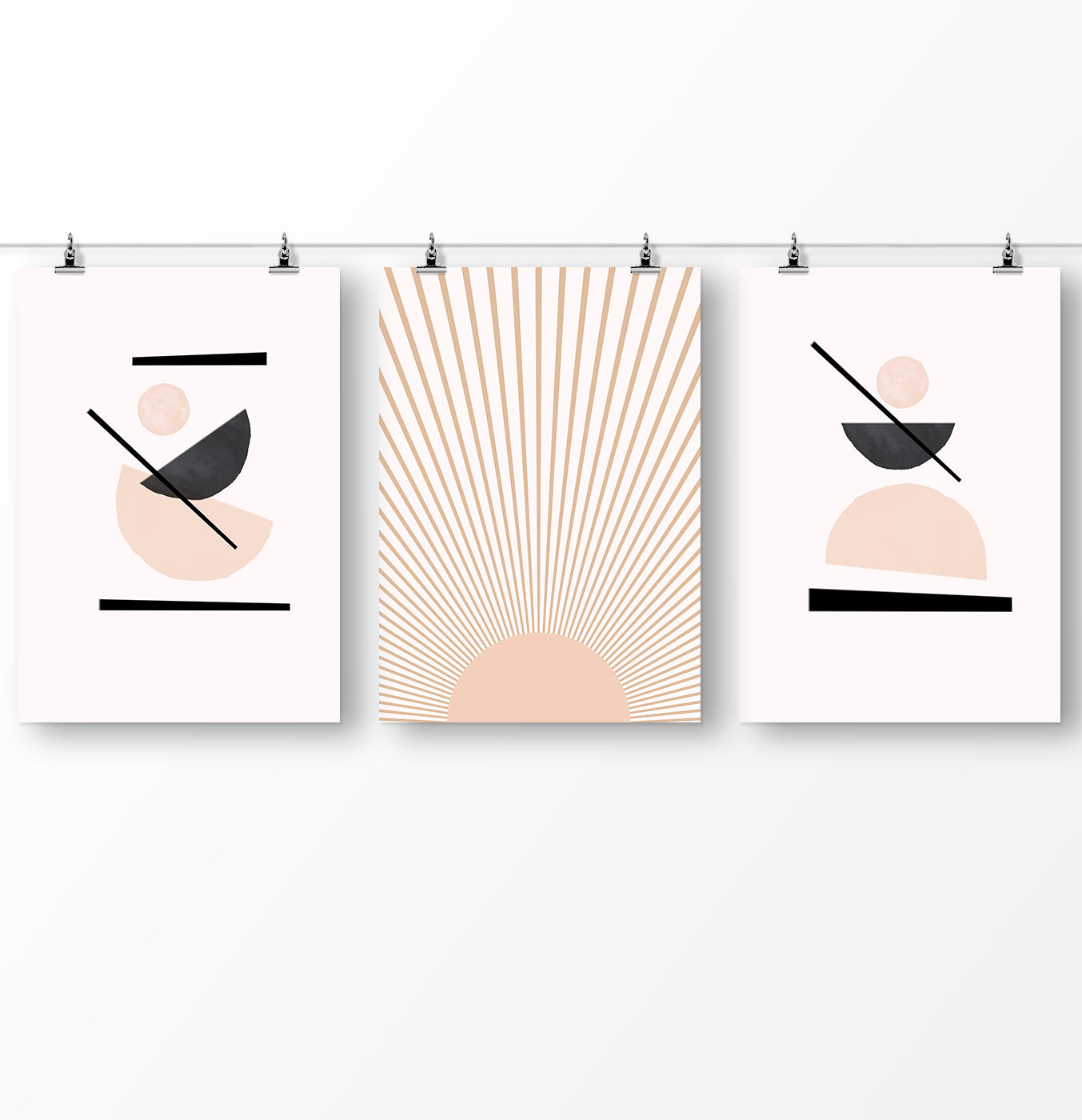 Sun Art in Neutral Soft Colors, Boho Minimalist Wall Art Set of 3