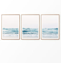 Load image into Gallery viewer, Blue water triptych, set of three coastal wall art
