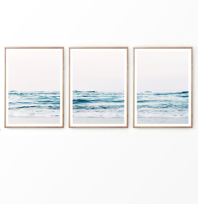 Blue water triptych, set of three coastal wall art