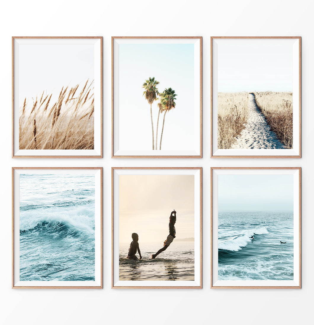 Rye field, Ocean Waves, Palm Trees and Children Playing in the Water. Printed and Shipped Wall Art