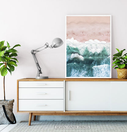Pink Beach and Green Sea Water Aerial Photography Wall Art